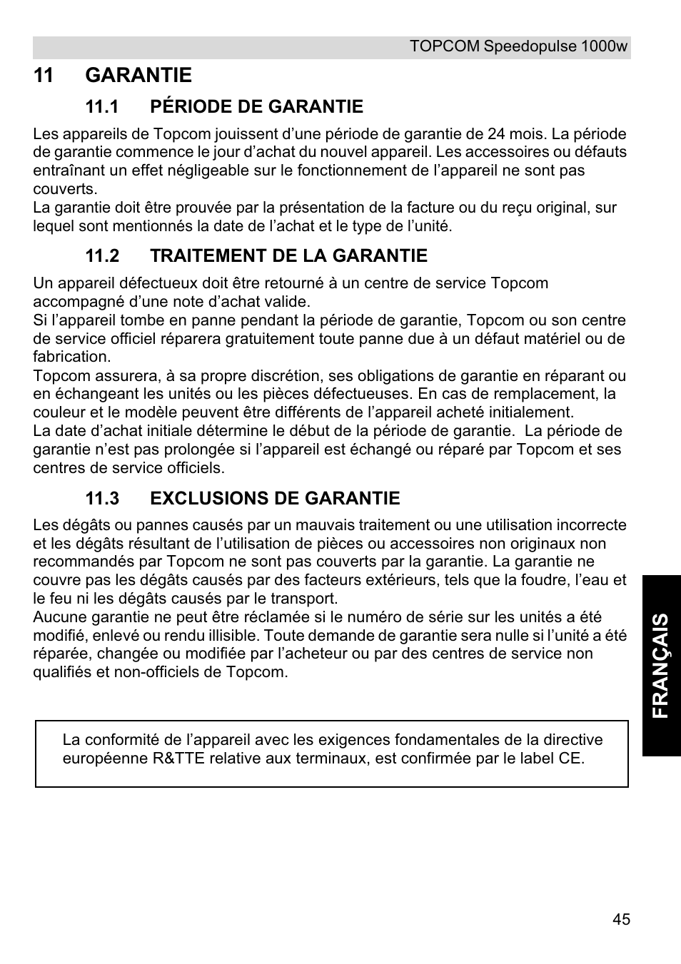 Français, 11 garantie | Topcom Speedopulse 1000W User Manual | Page 45 / 88