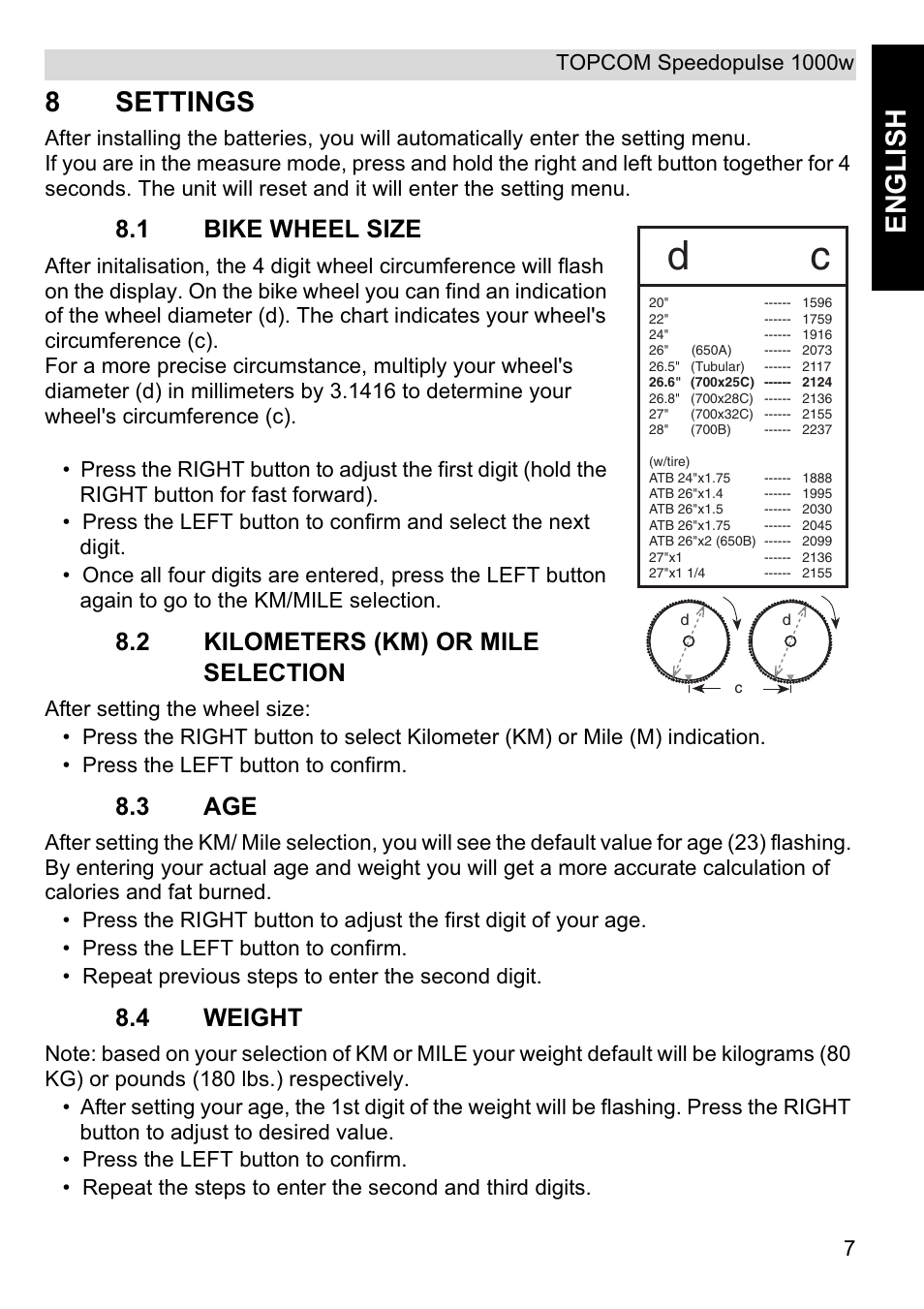 English 8 settings, 1 bike wheel size, 2 kilometers (km) or mile selection | 3 age, 4 weight | Topcom Speedopulse 1000W User Manual | Page 7 / 88