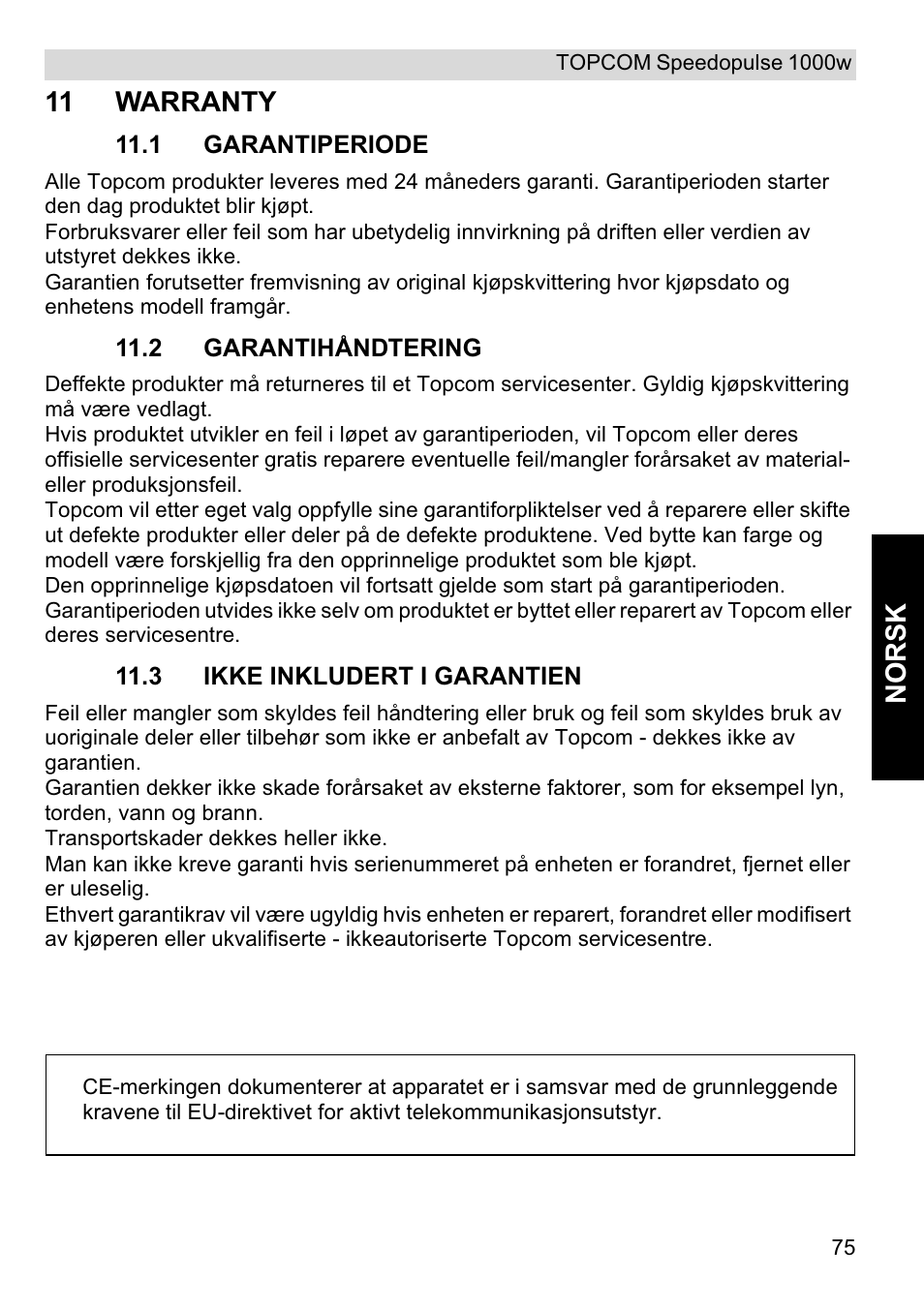 Norsk, 11 warranty | Topcom Speedopulse 1000W User Manual | Page 75 / 88