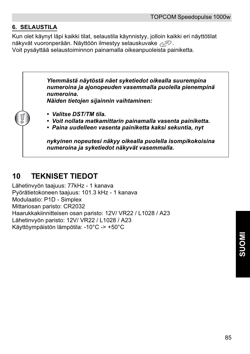 Suomi, 10 tekniset tiedot | Topcom Speedopulse 1000W User Manual | Page 85 / 88