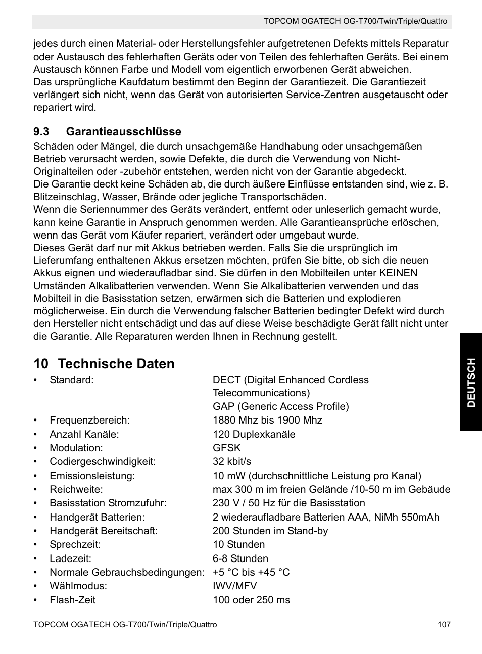 10 technische daten | Topcom OG-T700 User Manual | Page 107 / 112