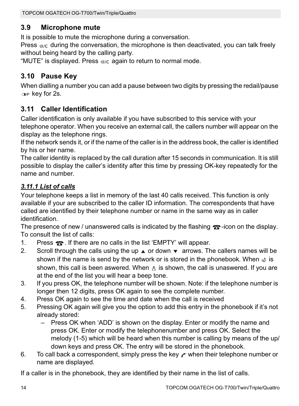 Topcom OG-T700 User Manual | Page 14 / 112