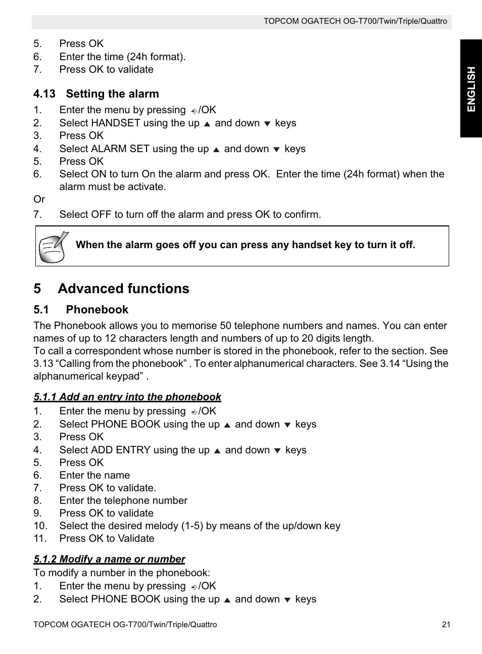 5advanced functions | Topcom OG-T700 User Manual | Page 21 / 112
