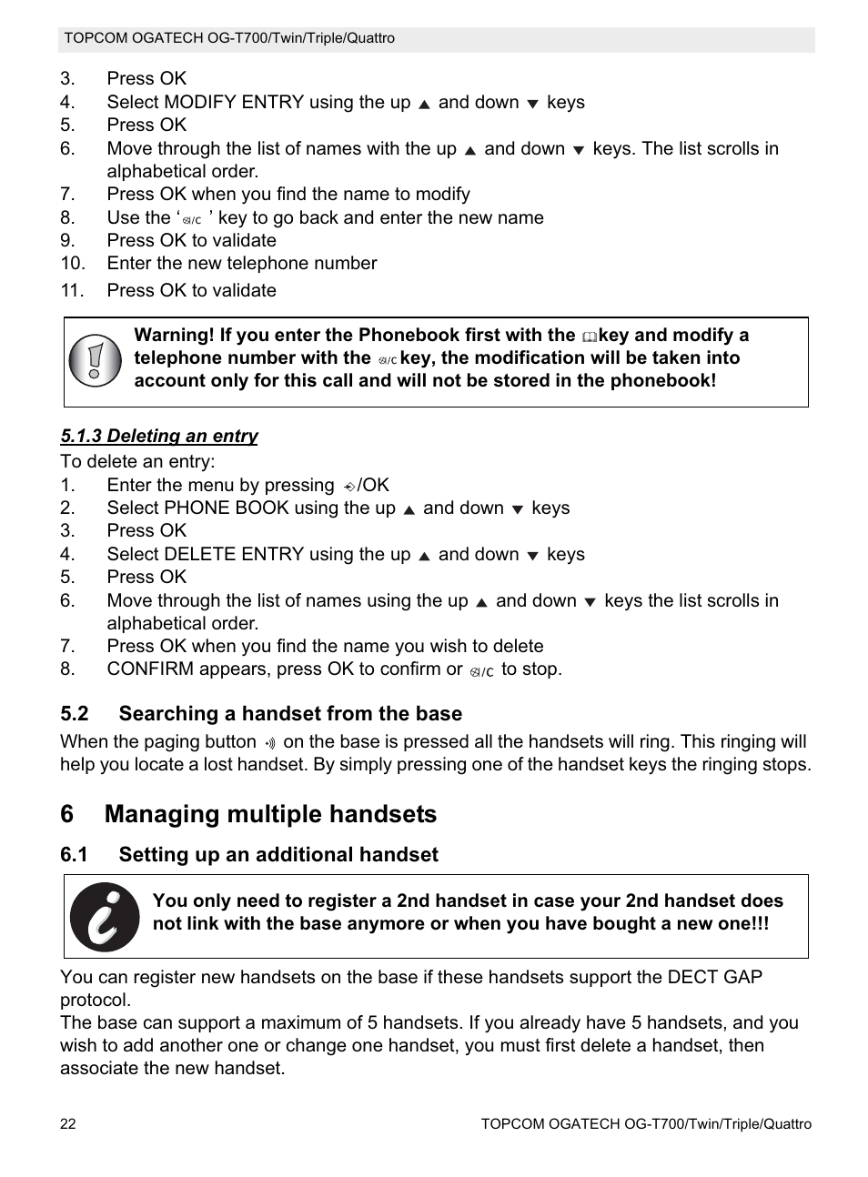 6managing multiple handsets | Topcom OG-T700 User Manual | Page 22 / 112