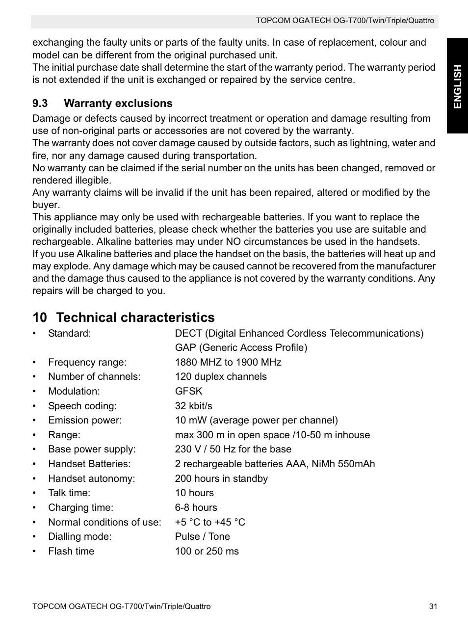 10 technical characteristics | Topcom OG-T700 User Manual | Page 31 / 112