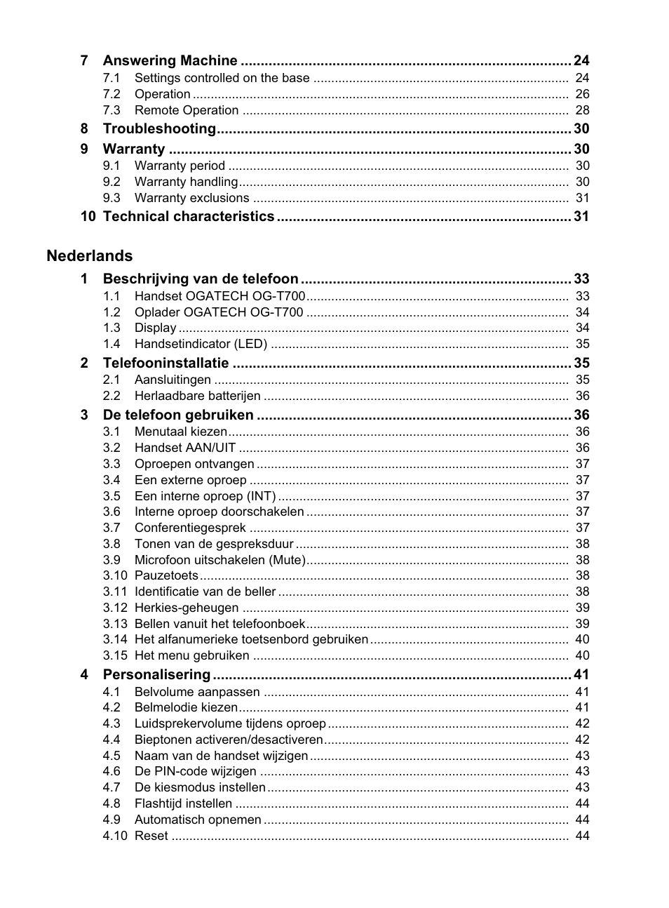 Nederlands | Topcom OG-T700 User Manual | Page 4 / 112