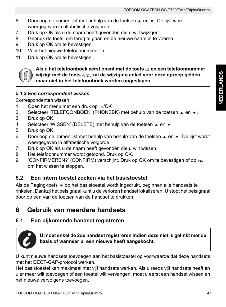 6gebruik van meerdere handsets | Topcom OG-T700 User Manual | Page 47 / 112