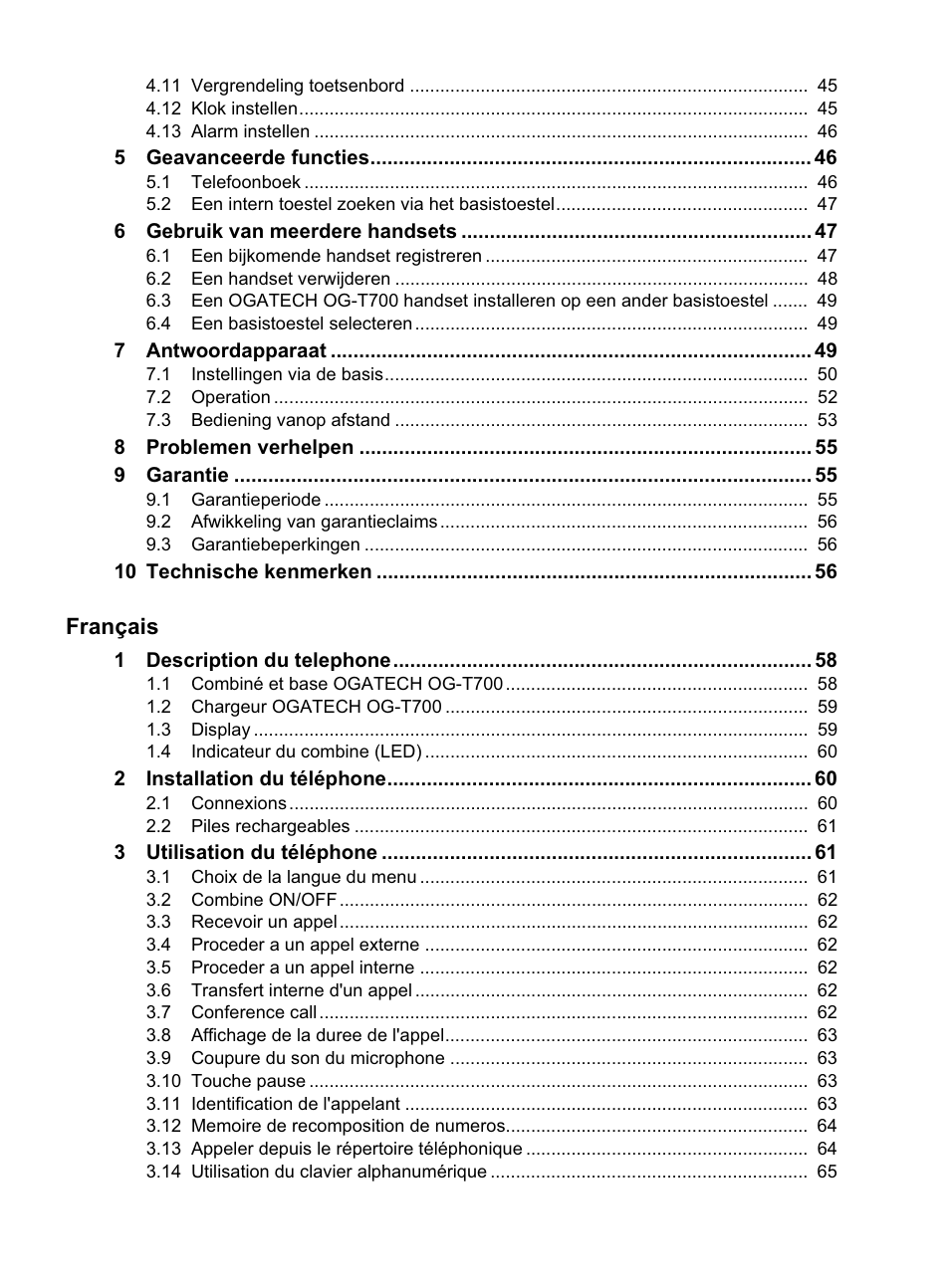 Français | Topcom OG-T700 User Manual | Page 5 / 112