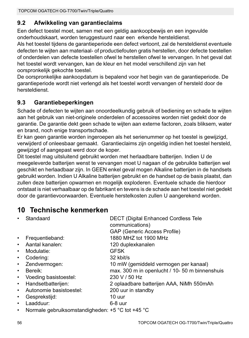 10 technische kenmerken | Topcom OG-T700 User Manual | Page 56 / 112