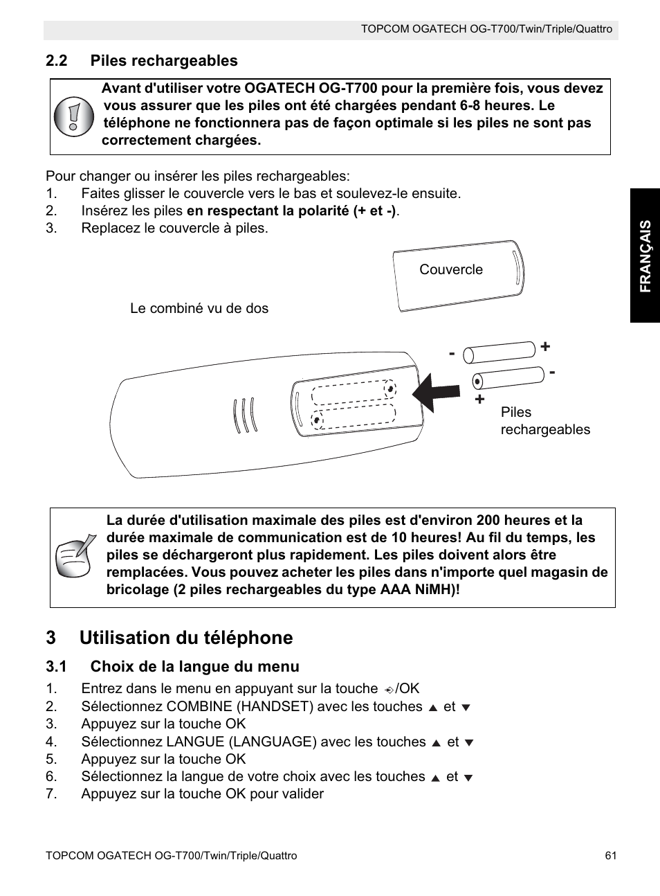 3utilisation du téléphone | Topcom OG-T700 User Manual | Page 61 / 112