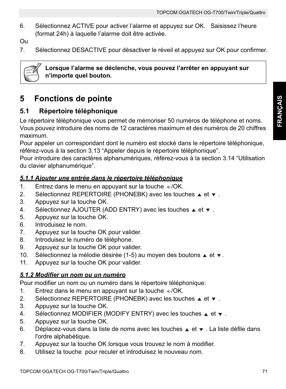 5fonctions de pointe | Topcom OG-T700 User Manual | Page 71 / 112