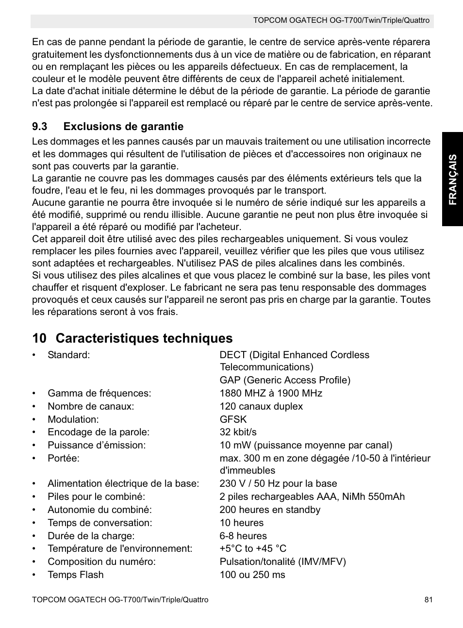 10 caracteristiques techniques | Topcom OG-T700 User Manual | Page 81 / 112