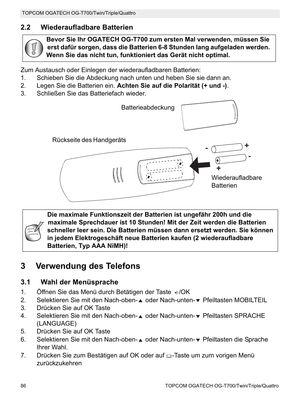 3verwendung des telefons | Topcom OG-T700 User Manual | Page 86 / 112