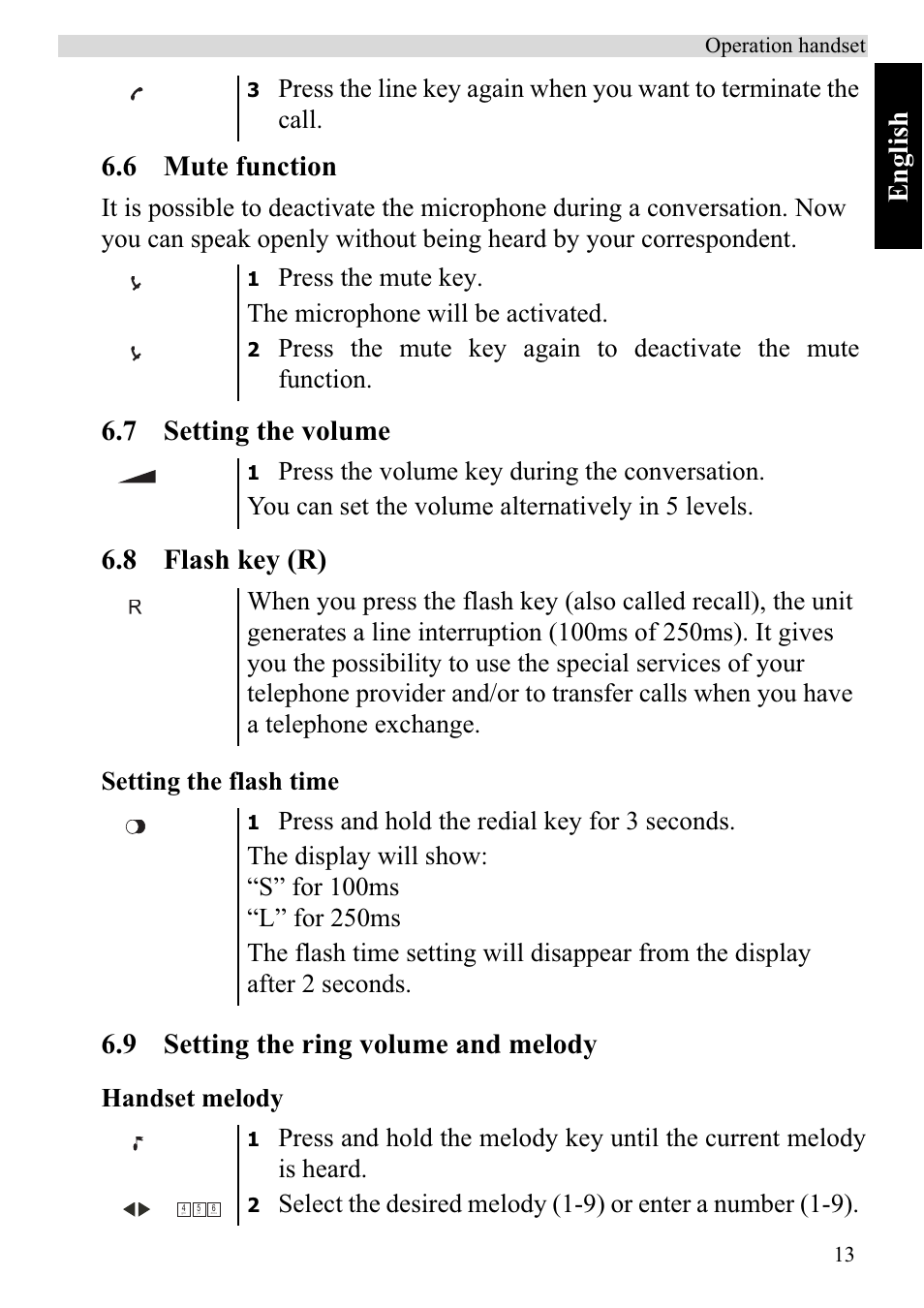 English, 6 mute function, 7 setting the volume 6.8 flash key (r) | 9 setting the ring volume and melody, Setting the flash time, Handset melody | Topcom BUTLER 920 User Manual | Page 15 / 100
