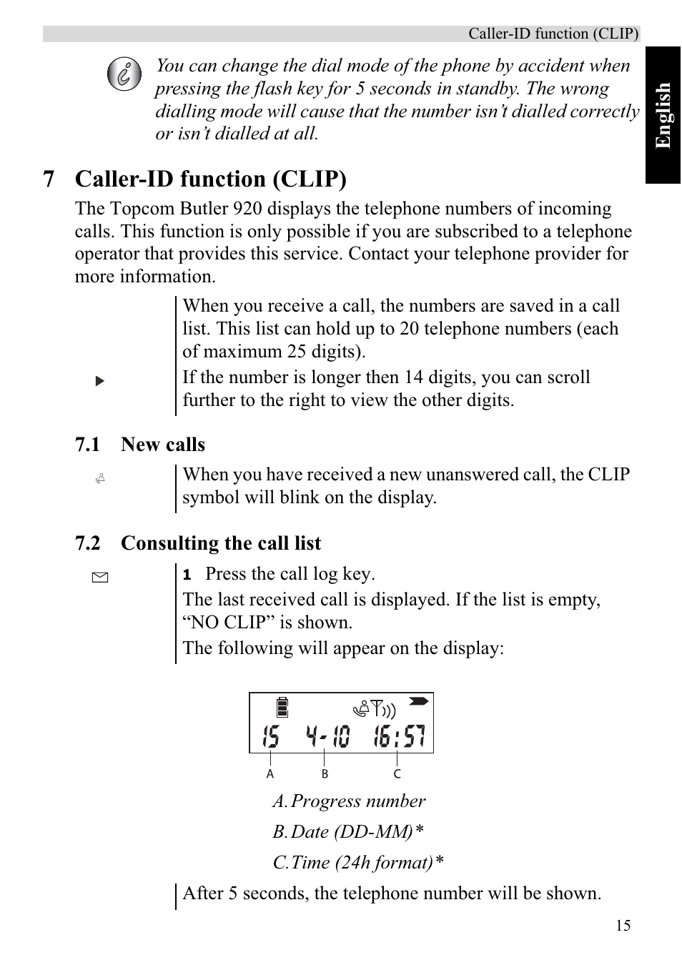 7 caller-id function (clip) | Topcom BUTLER 920 User Manual | Page 17 / 100