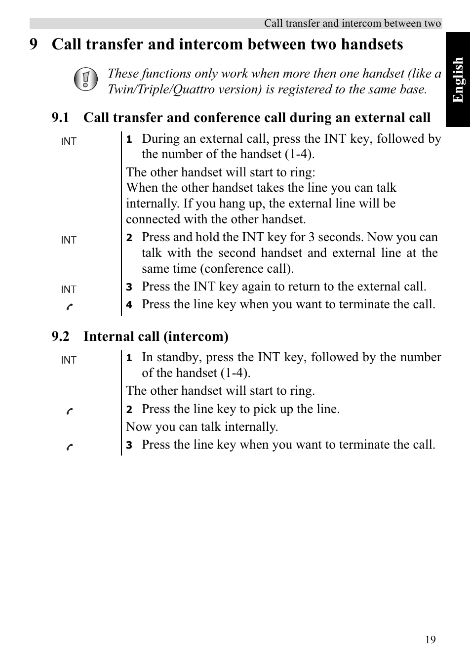 9 call transfer and intercom between two handsets, English | Topcom BUTLER 920 User Manual | Page 21 / 100