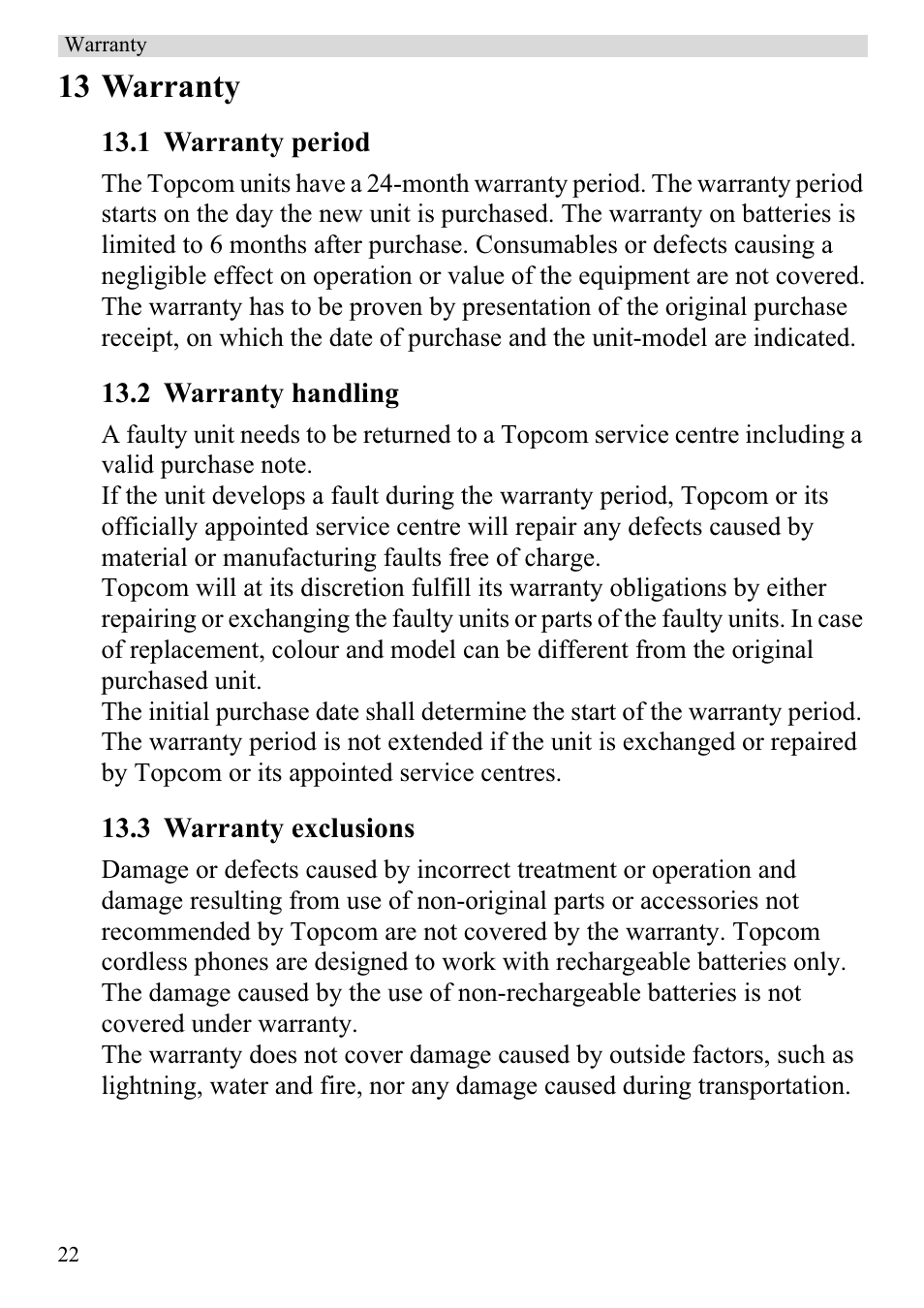 13 warranty | Topcom BUTLER 920 User Manual | Page 24 / 100