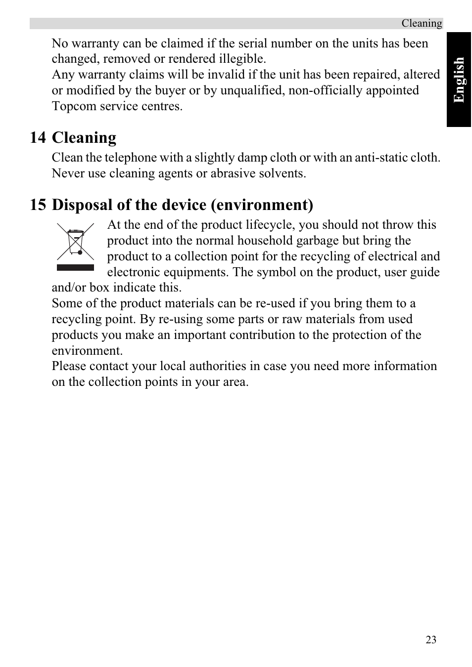 14 cleaning, 15 disposal of the device (environment) | Topcom BUTLER 920 User Manual | Page 25 / 100