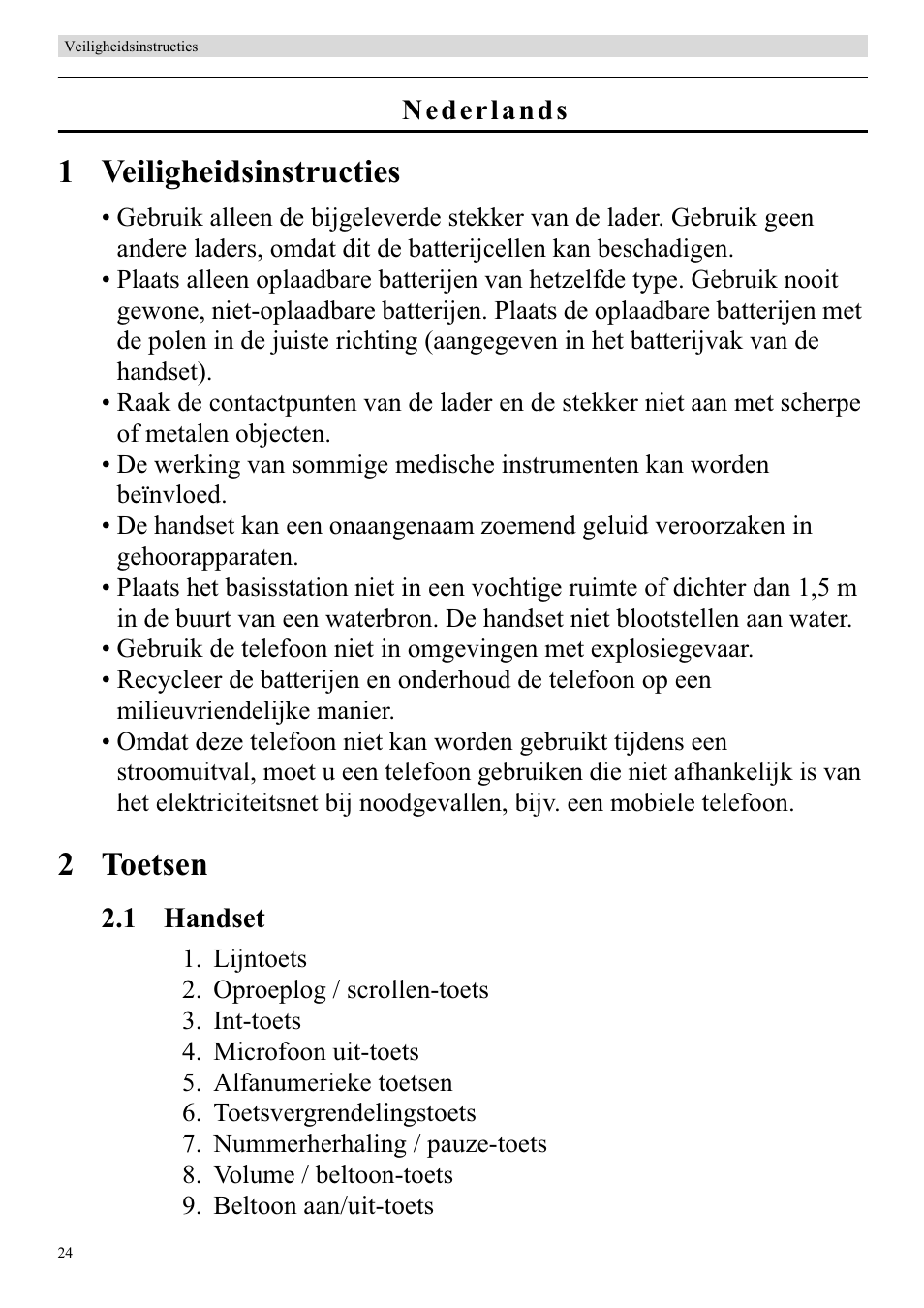 1 veiligheidsinstructies, 2 toetsen | Topcom BUTLER 920 User Manual | Page 26 / 100