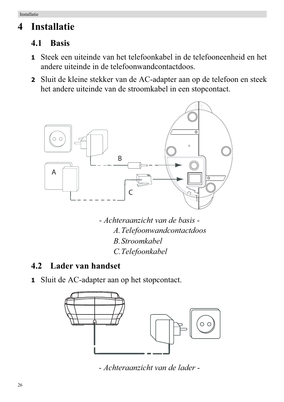 4 installatie, 1 basis, 2 lader van handset | Topcom BUTLER 920 User Manual | Page 28 / 100