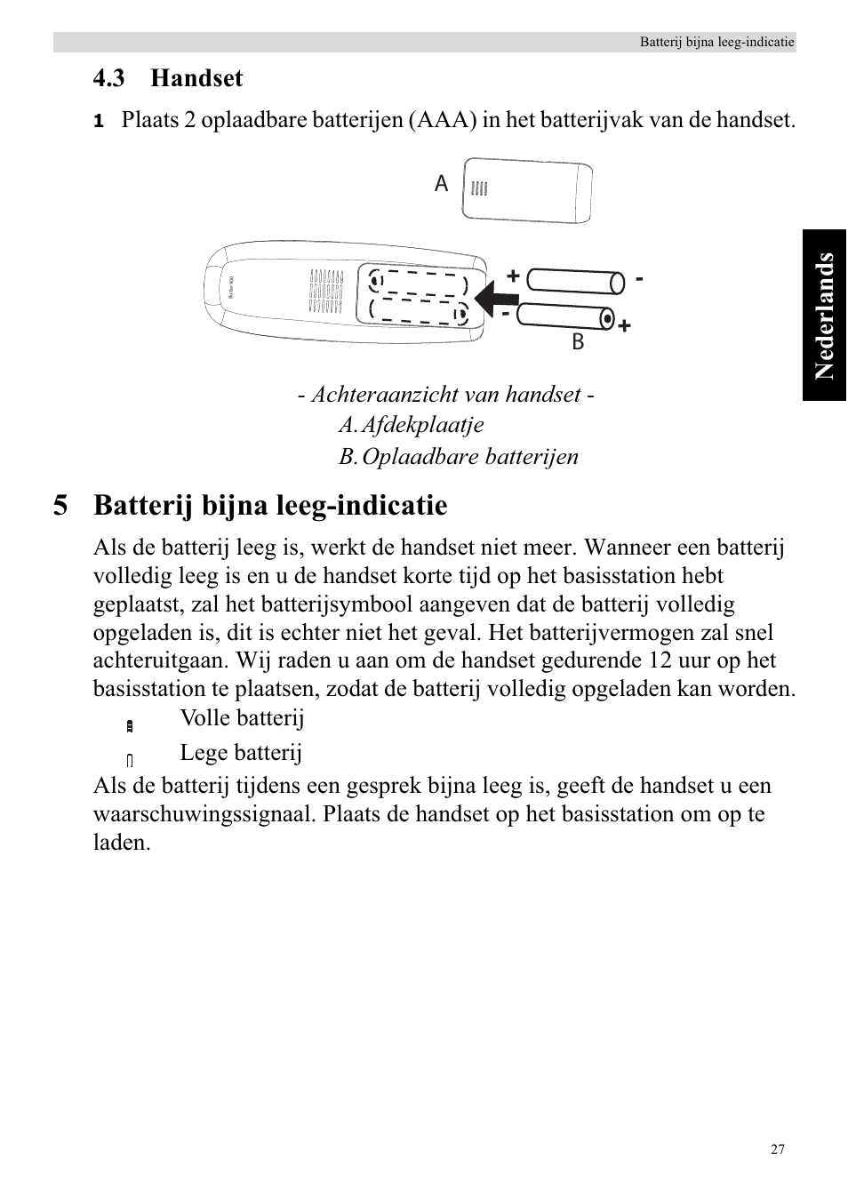 5 batterij bijna leeg-indicatie, Nederlands 4.3 handset | Topcom BUTLER 920 User Manual | Page 29 / 100