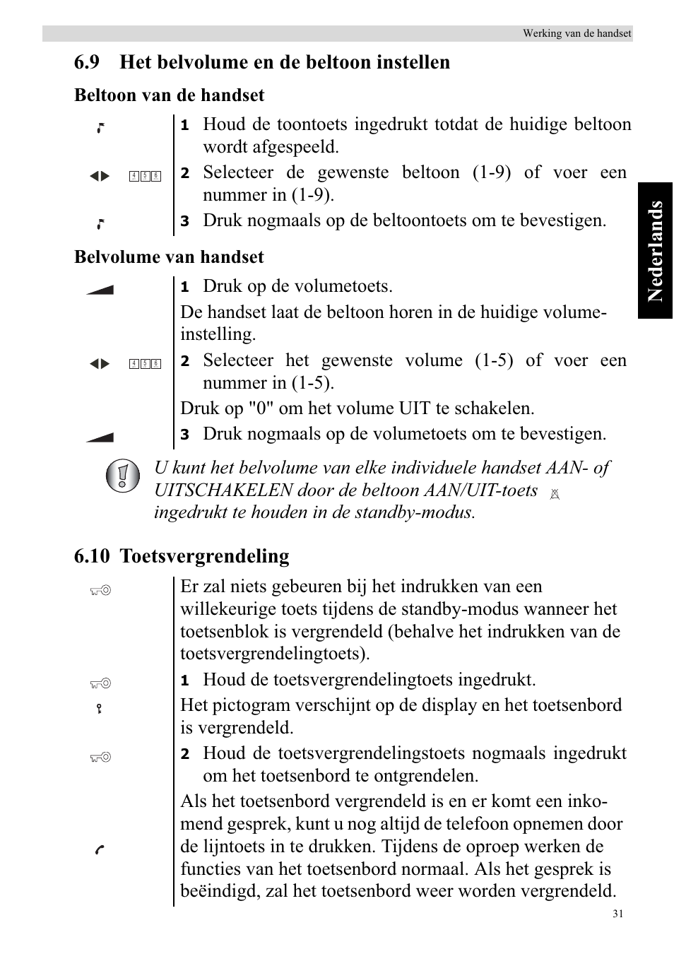 10 toetsvergrendeling, Beltoon van de handset belvolume van handset, Druk nogmaals op de beltoontoets om te bevestigen | Topcom BUTLER 920 User Manual | Page 33 / 100