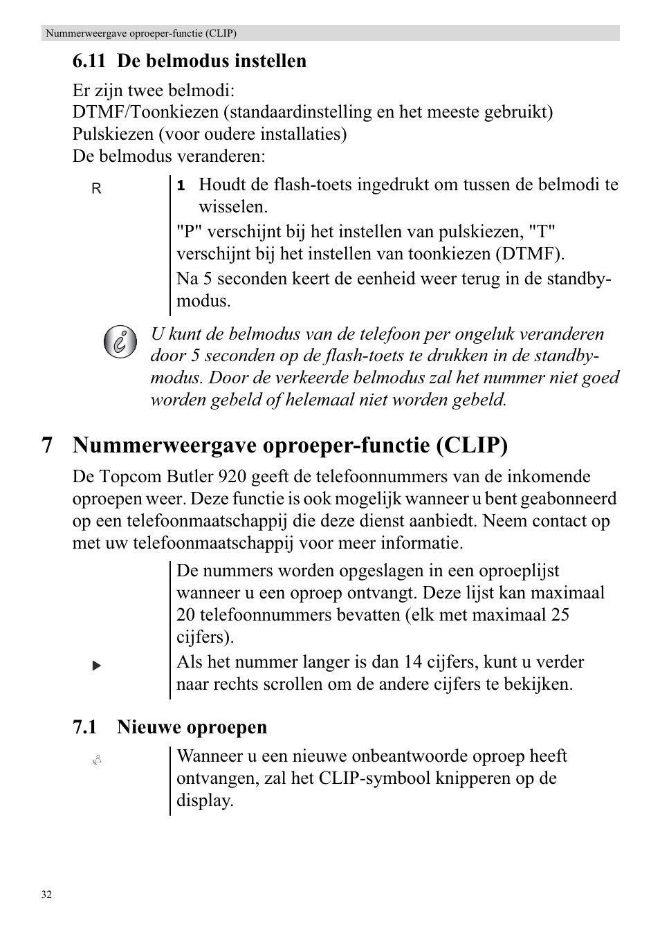 7 nummerweergave oproeper-functie (clip) | Topcom BUTLER 920 User Manual | Page 34 / 100
