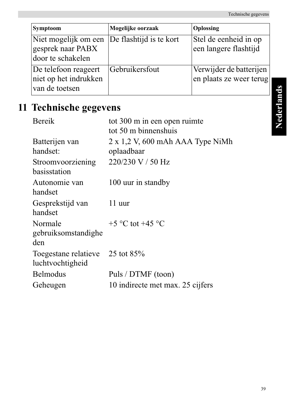 11 technische gegevens | Topcom BUTLER 920 User Manual | Page 41 / 100
