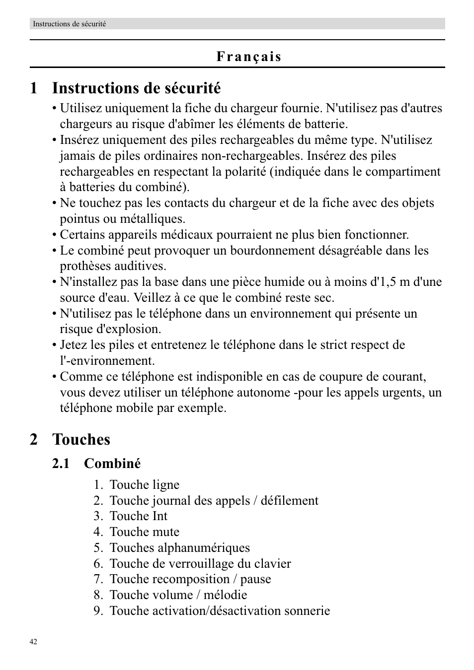 1 instructions de sécurité, 2 touches | Topcom BUTLER 920 User Manual | Page 44 / 100
