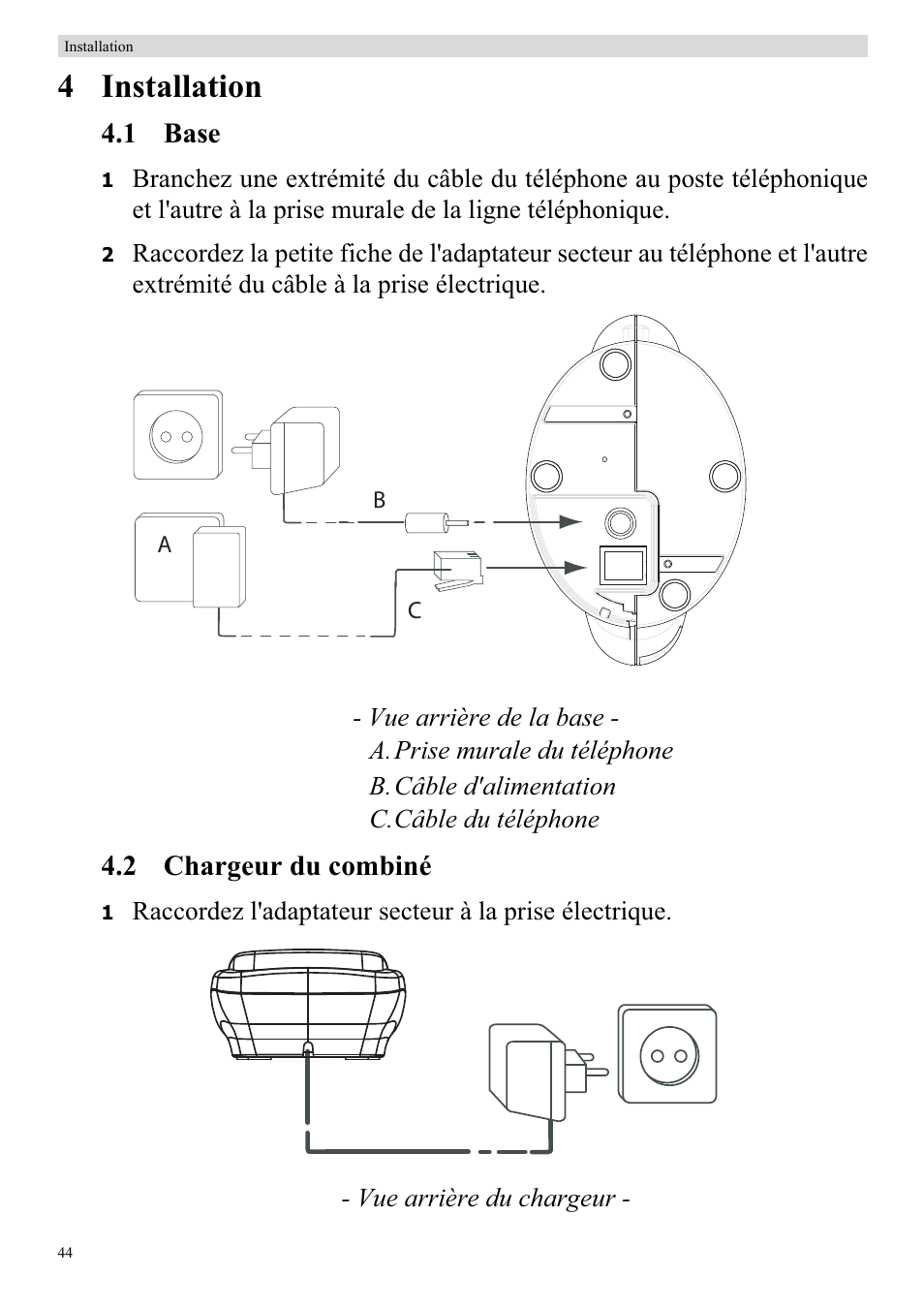4 installation, 1 base, 2 chargeur du combiné | Topcom BUTLER 920 User Manual | Page 46 / 100