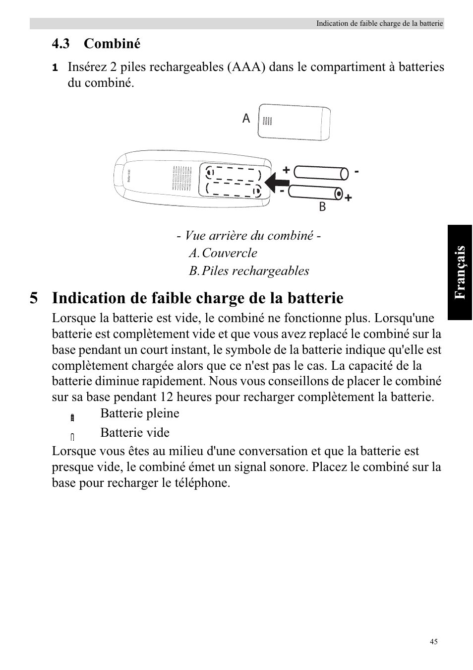 5 indication de faible charge de la batterie, Français 4.3 combiné | Topcom BUTLER 920 User Manual | Page 47 / 100