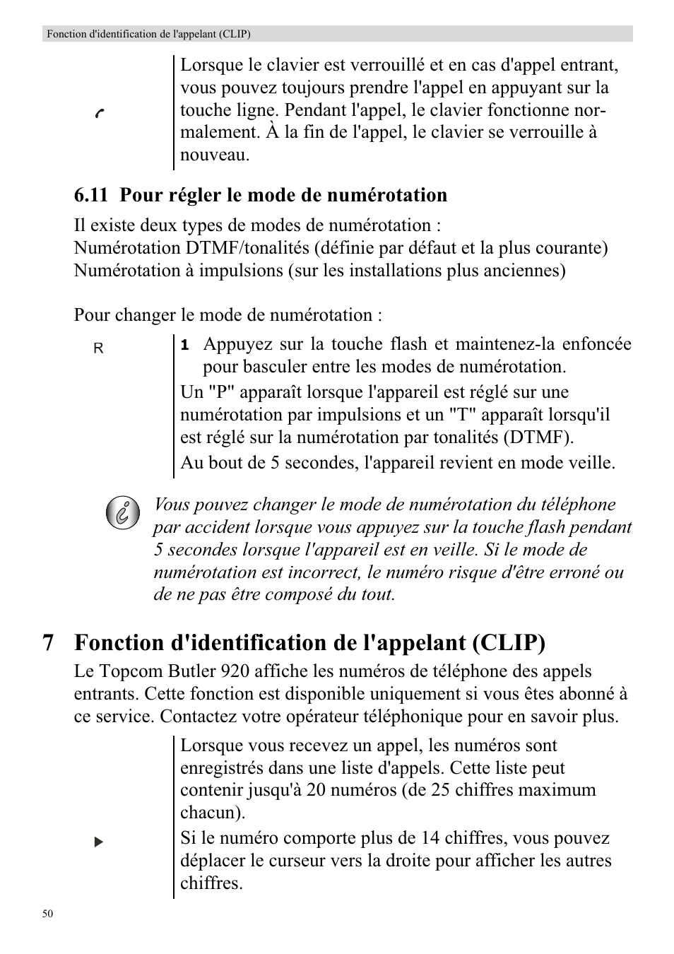 7 fonction d'identification de l'appelant (clip), 11 pour régler le mode de numérotation | Topcom BUTLER 920 User Manual | Page 52 / 100