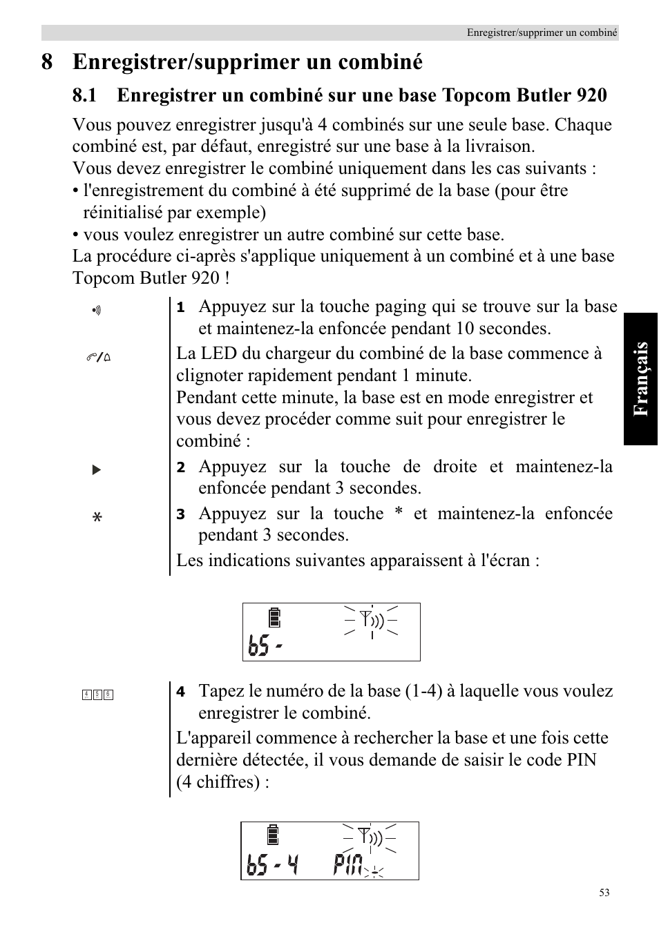 8 enregistrer/supprimer un combiné, Français | Topcom BUTLER 920 User Manual | Page 55 / 100