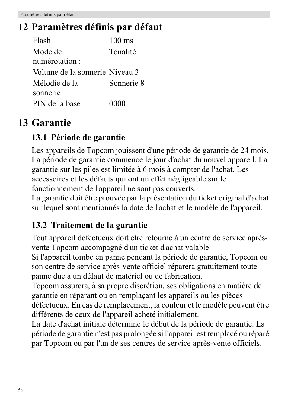 12 paramètres définis par défaut 13 garantie | Topcom BUTLER 920 User Manual | Page 60 / 100