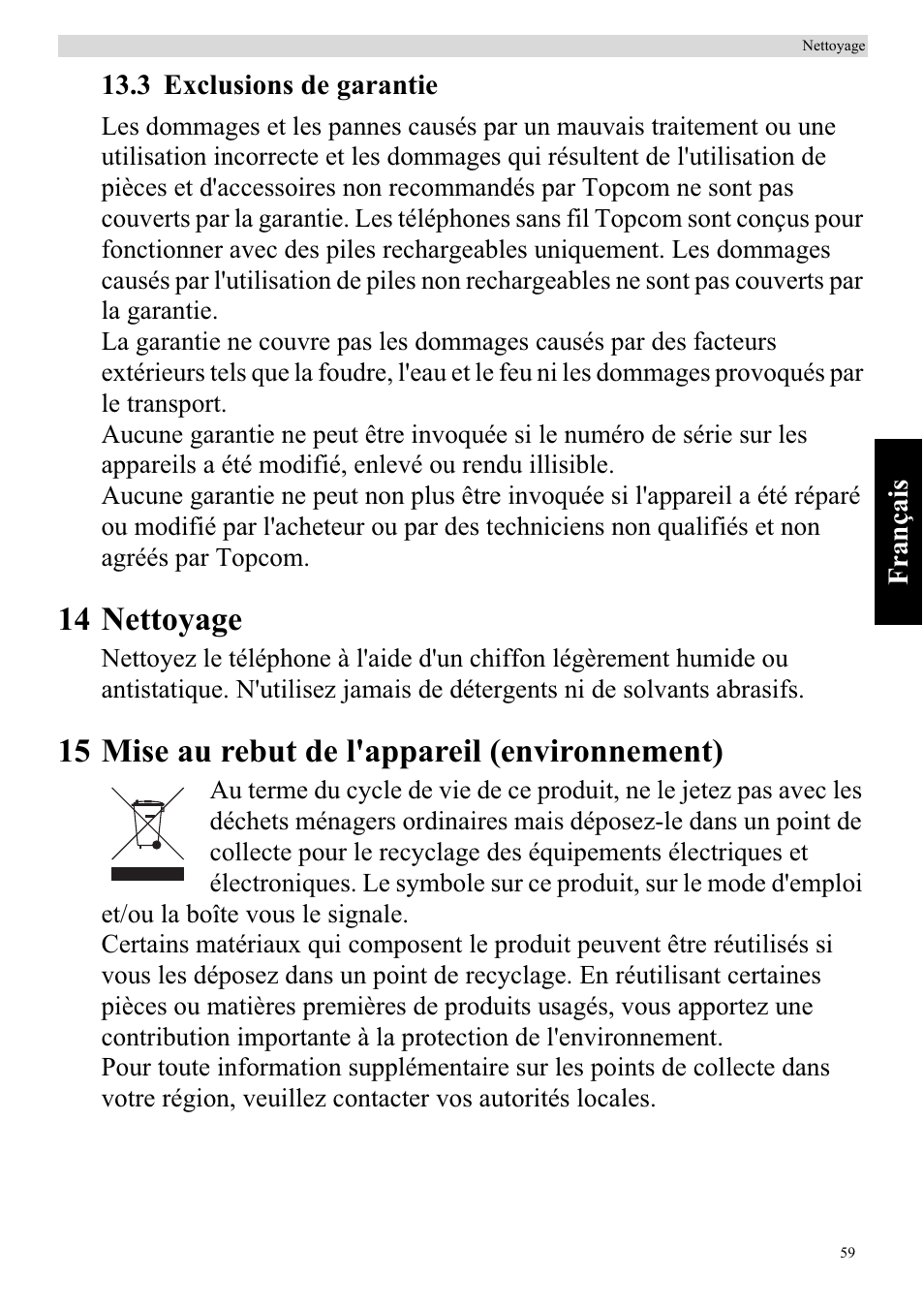 14 nettoyage, 15 mise au rebut de l'appareil (environnement) | Topcom BUTLER 920 User Manual | Page 61 / 100