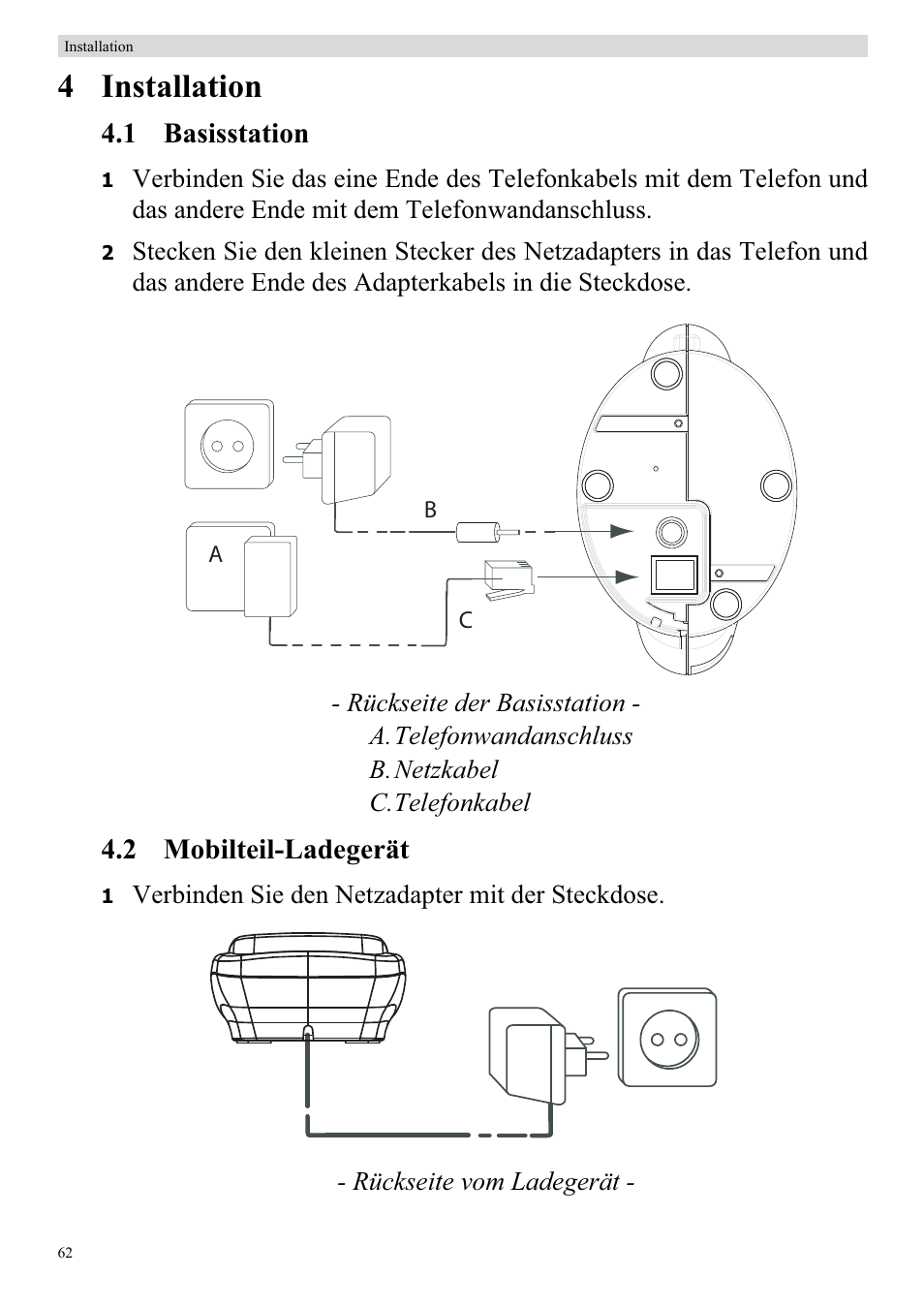 4 installation, 1 basisstation, 2 mobilteil-ladegerät | Topcom BUTLER 920 User Manual | Page 64 / 100