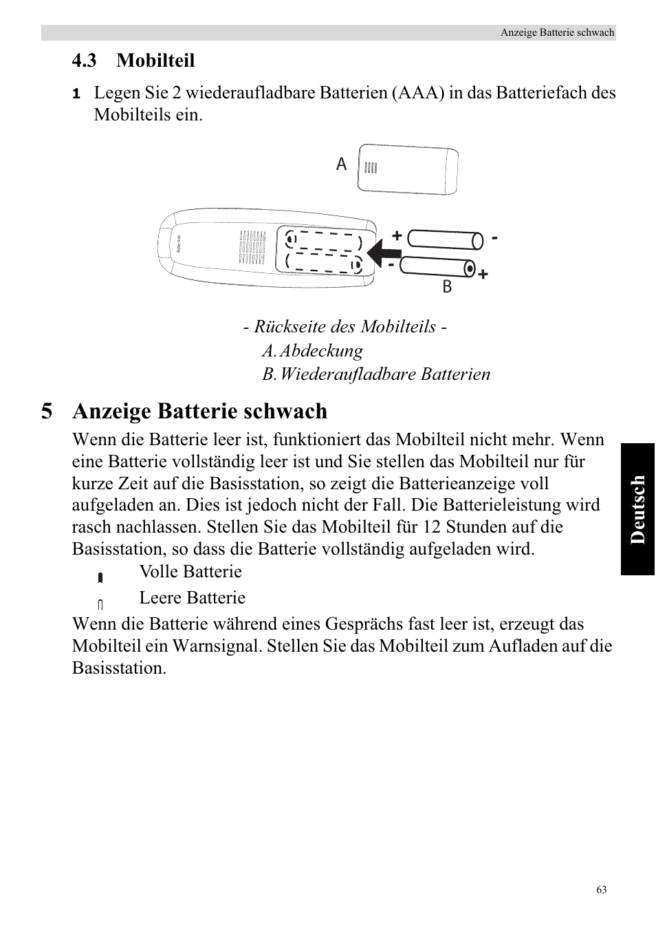5 anzeige batterie schwach, De utsch 4.3 mobilteil | Topcom BUTLER 920 User Manual | Page 65 / 100