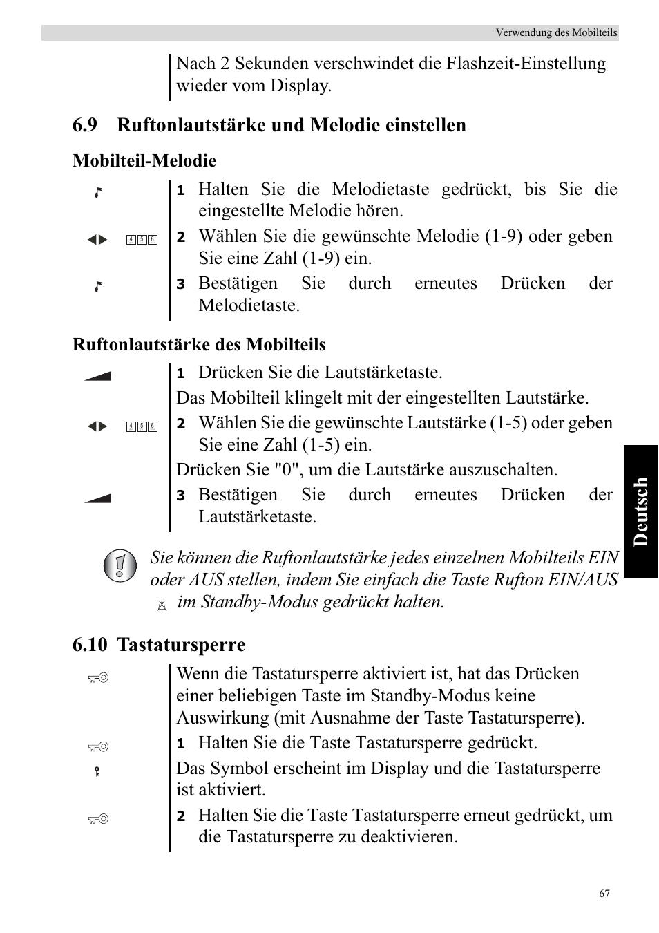 10 tastatursperre, Mobilteil-melodie ruftonlautstärke des mobilteils | Topcom BUTLER 920 User Manual | Page 69 / 100
