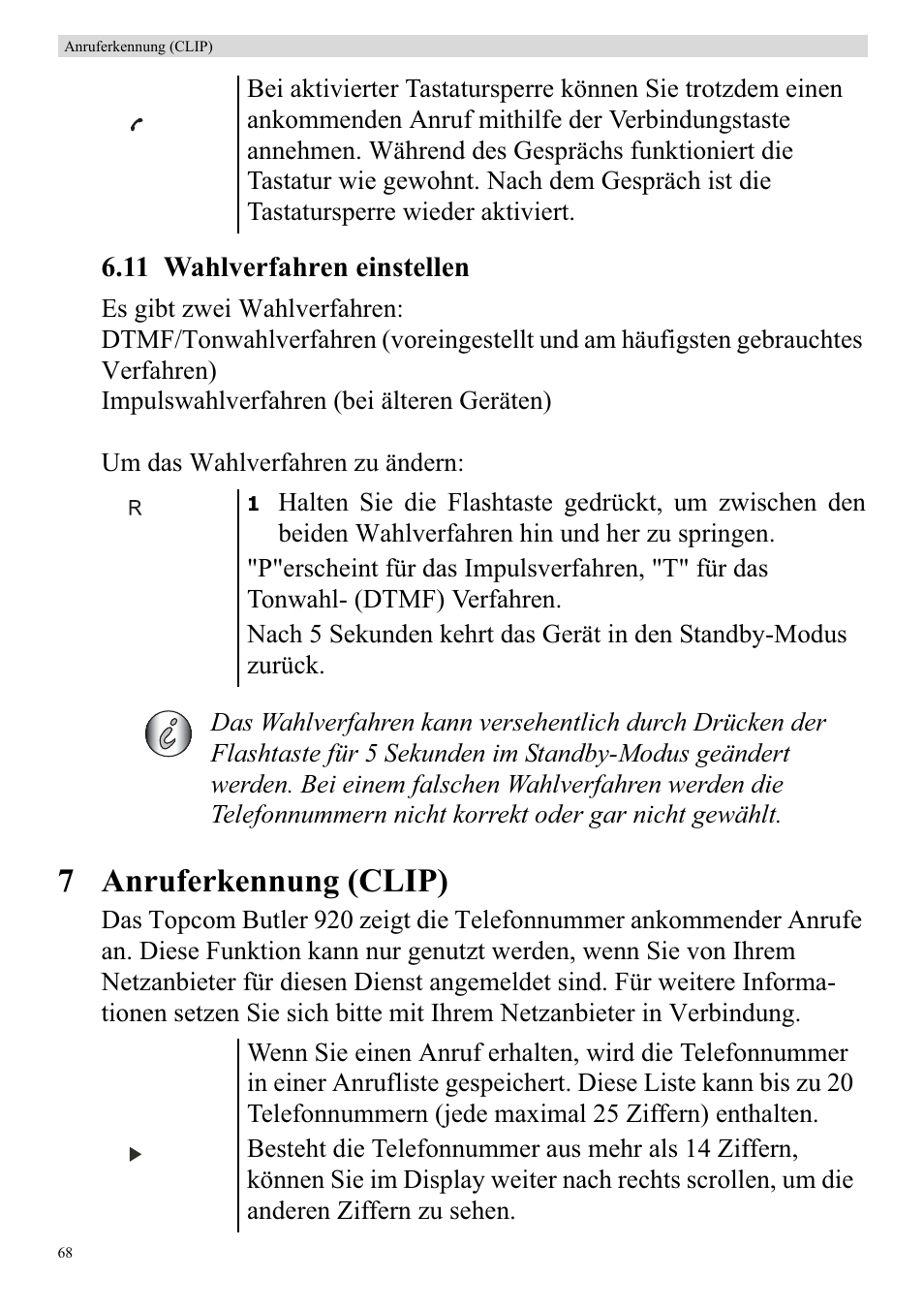 7 anruferkennung (clip), 11 wahlverfahren einstellen | Topcom BUTLER 920 User Manual | Page 70 / 100