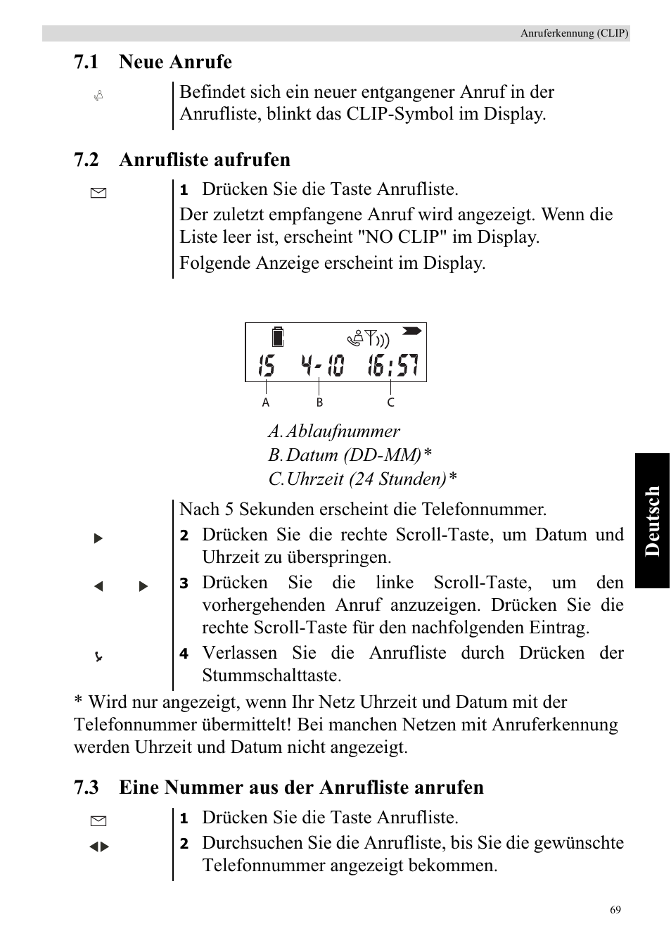 De utsch 7.1 neue anrufe 7.2 anrufliste aufrufen, 3 eine nummer aus der anrufliste anrufen | Topcom BUTLER 920 User Manual | Page 71 / 100