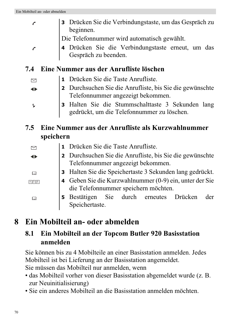 8 ein mobilteil an- oder abmelden, Drücken sie die taste anrufliste | Topcom BUTLER 920 User Manual | Page 72 / 100