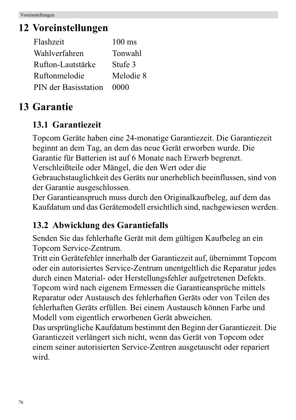 12 voreinstellungen 13 garantie | Topcom BUTLER 920 User Manual | Page 78 / 100