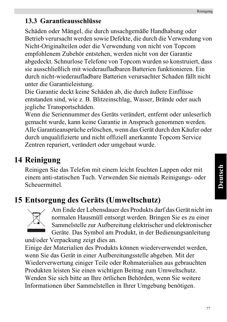 14 reinigung, 15 entsorgung des geräts (umweltschutz) | Topcom BUTLER 920 User Manual | Page 79 / 100