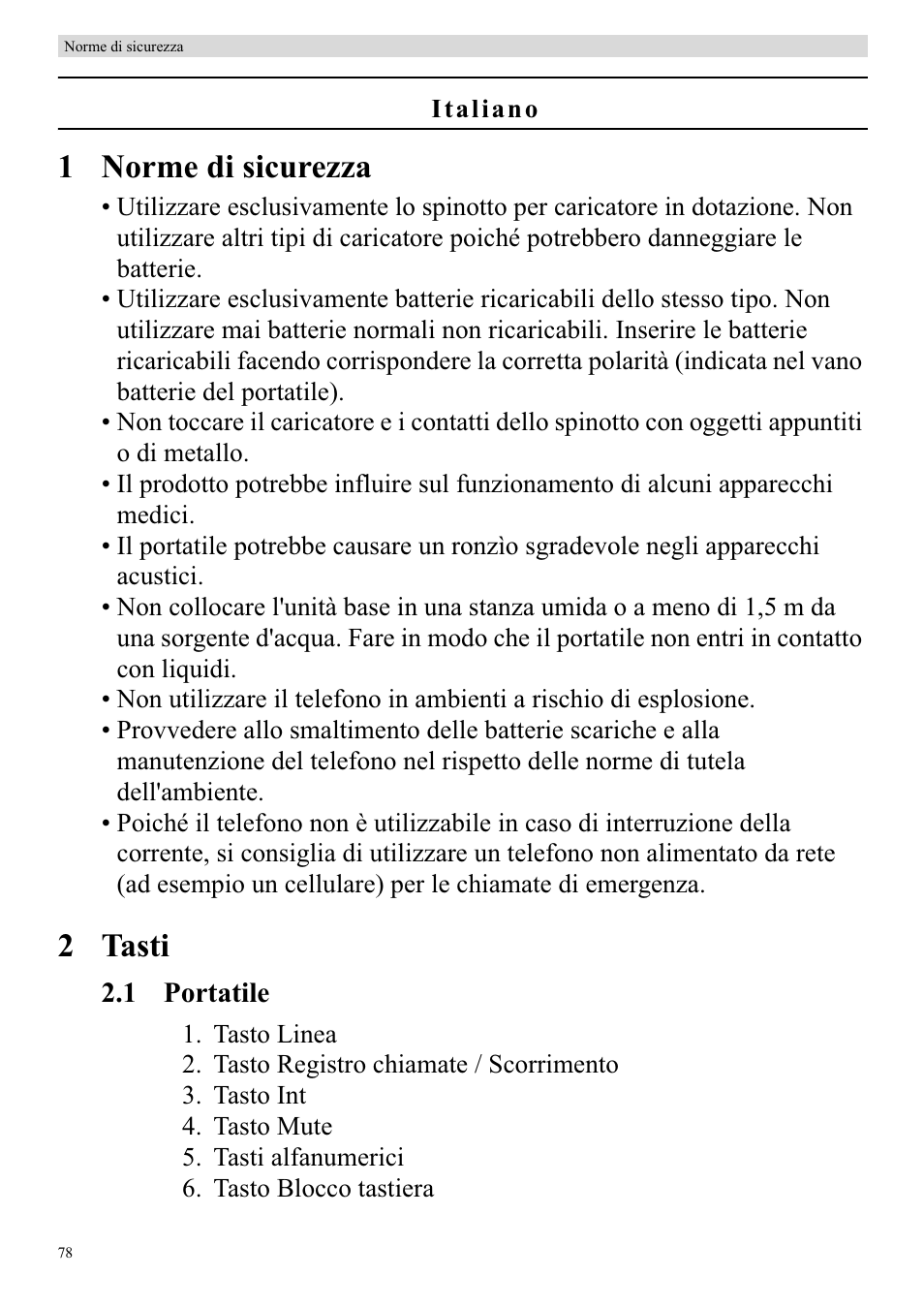 1 norme di sicurezza, 2 tasti | Topcom BUTLER 920 User Manual | Page 80 / 100