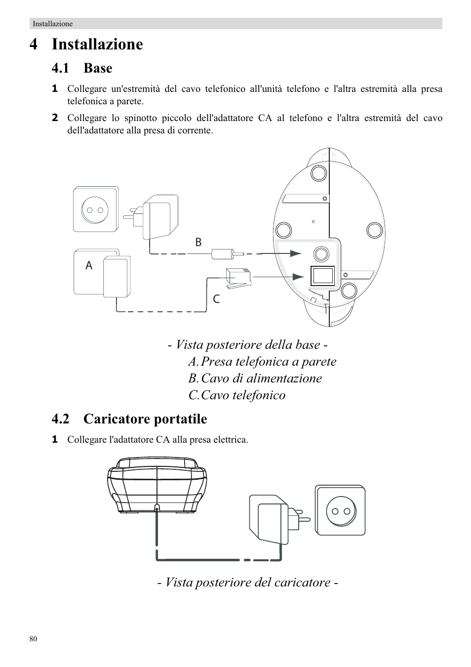 4 installazione, 1 base, 2 caricatore portatile | Topcom BUTLER 920 User Manual | Page 82 / 100