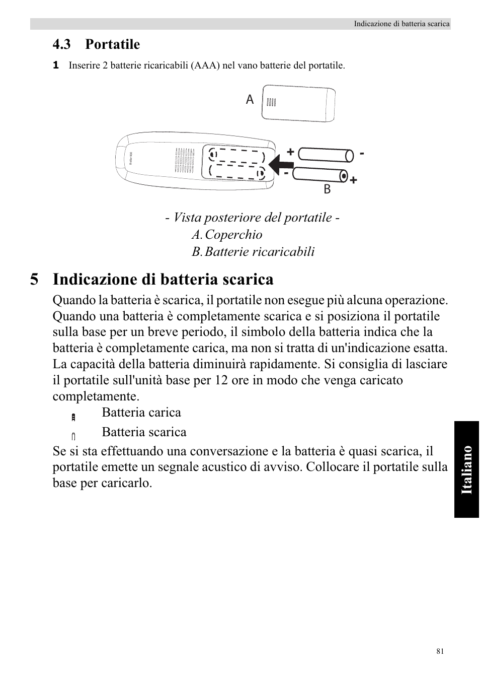 5 indicazione di batteria scarica, Italiano 4.3 portatile | Topcom BUTLER 920 User Manual | Page 83 / 100