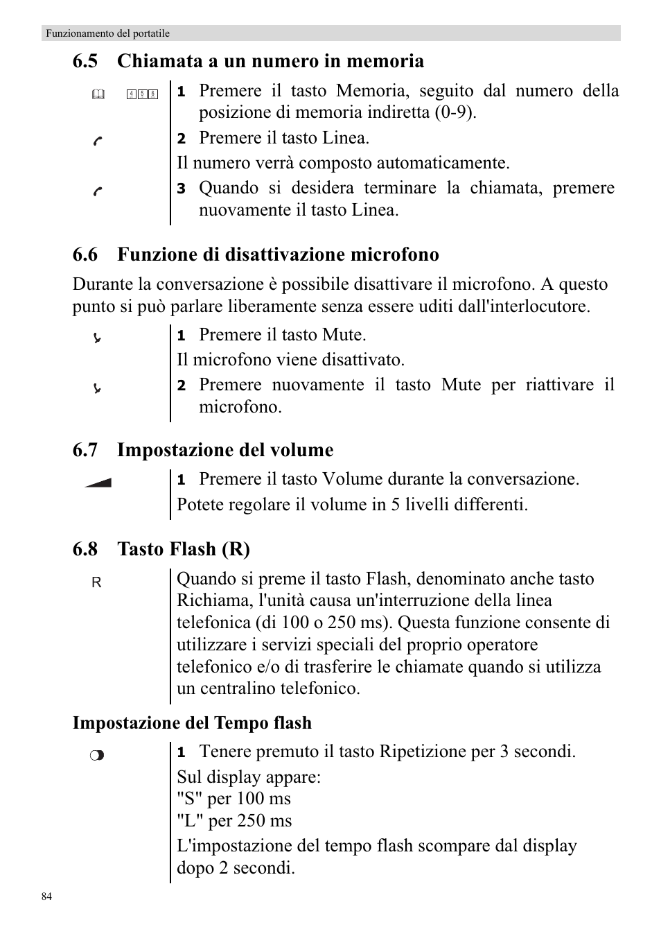 7 impostazione del volume 6.8 tasto flash (r), Impostazione del tempo flash | Topcom BUTLER 920 User Manual | Page 86 / 100