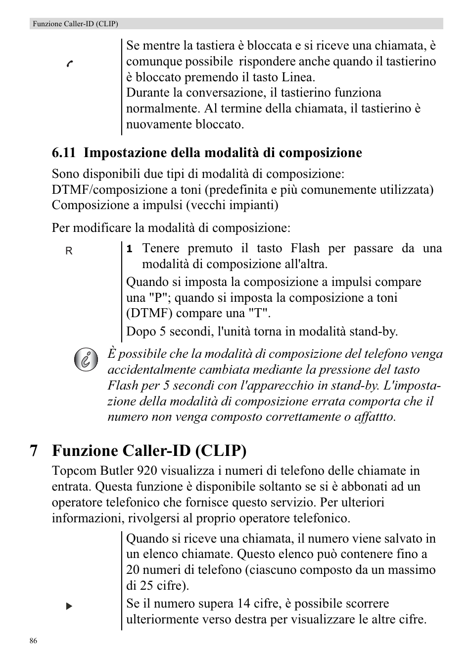 7 funzione caller-id (clip), 11 impostazione della modalità di composizione | Topcom BUTLER 920 User Manual | Page 88 / 100