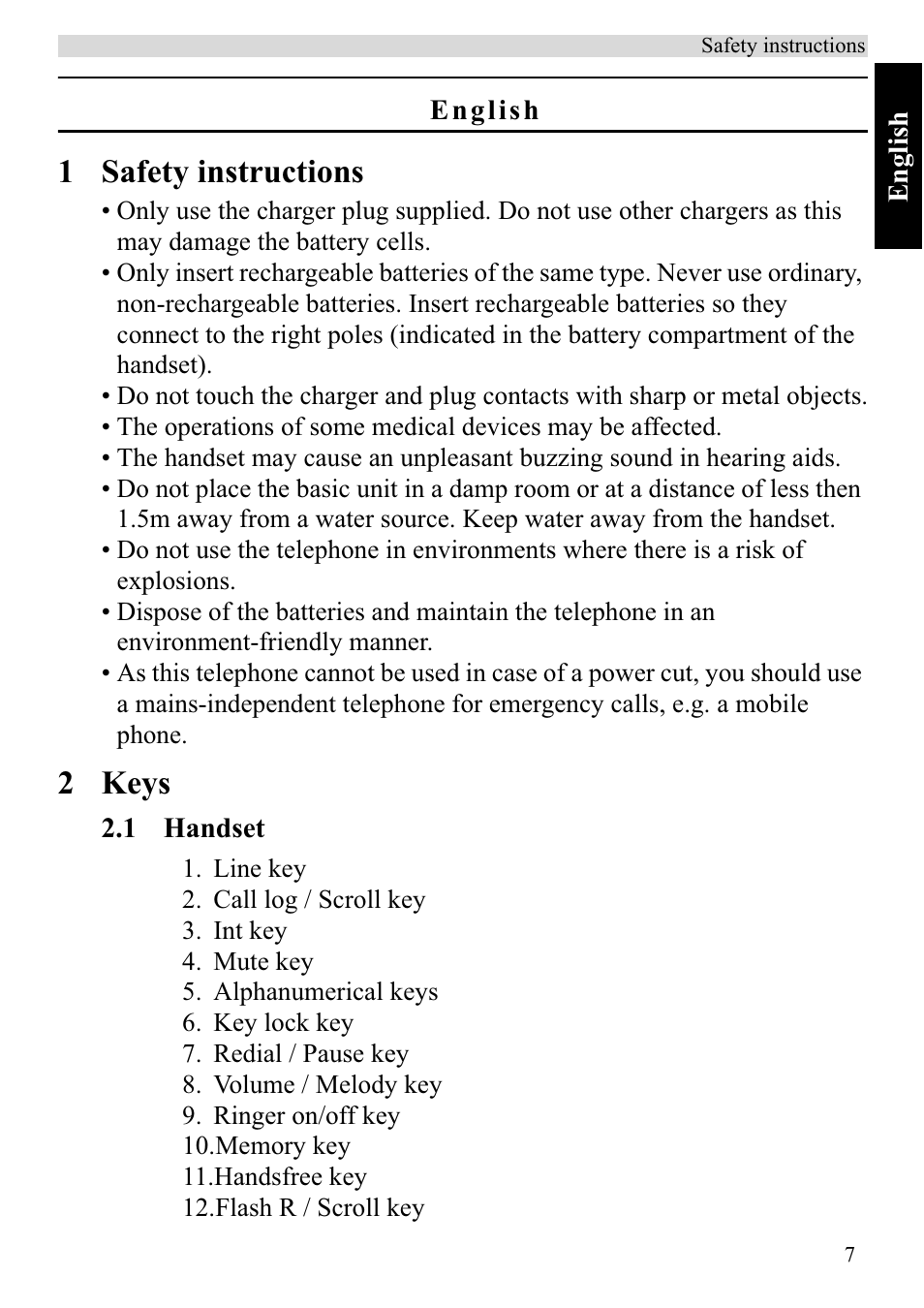 1 safety instructions, 2 keys | Topcom BUTLER 920 User Manual | Page 9 / 100