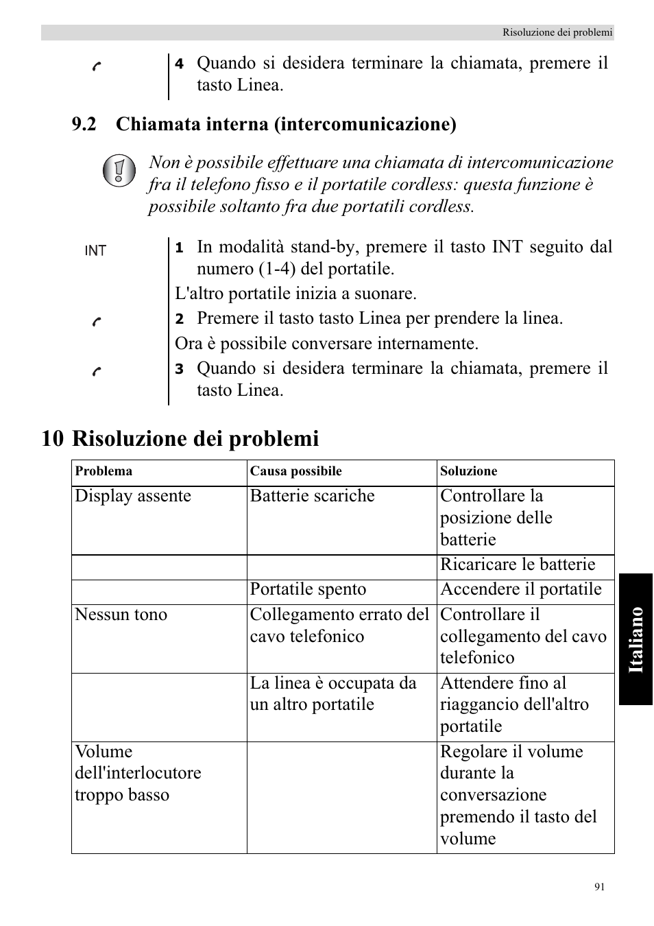 10 risoluzione dei problemi, Italiano 9.2 chiamata interna (intercomunicazione) | Topcom BUTLER 920 User Manual | Page 93 / 100